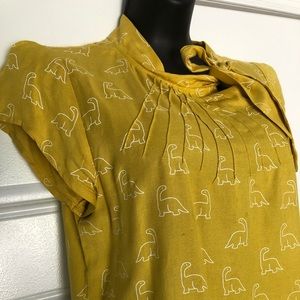 Womens Blouse, Circus brand, size UK 14 and US M, mustard color with dinosaurs